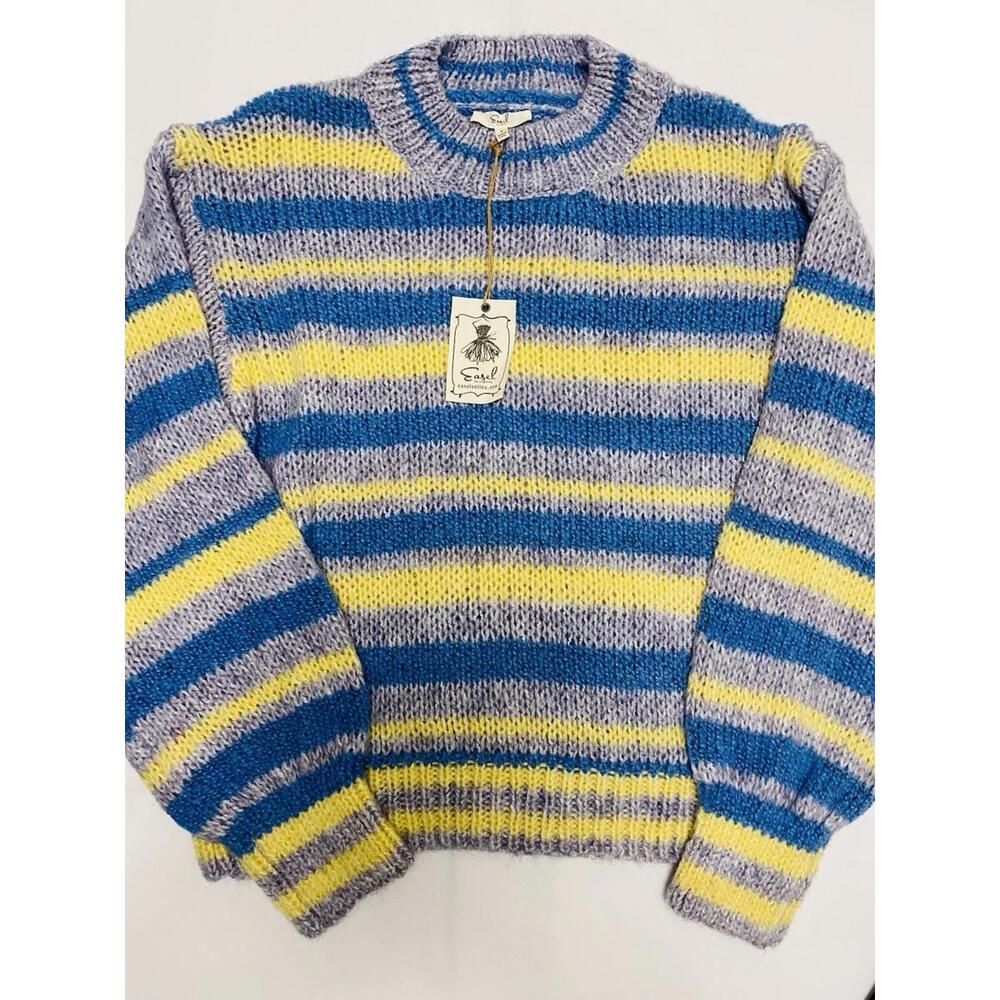 Easel Sweater New Women's Small Striped Blue Yellow Oversized Long Sleeve